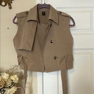 Tan Sleeveless Trench Vest with Belted Waist